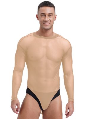 Mens Mesh See through Long Sleeve Bodysuit Lingerie