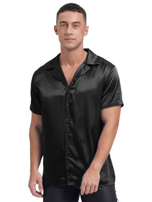 Mens Satin Silky Lapel Short Sleeve Button-up Shirt