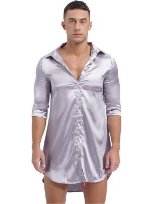 Men Silky Satin Curved Hem Long Shirt Button-up Pajamas