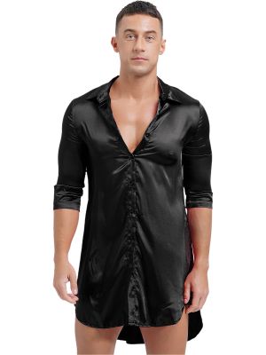 Men Silky Satin Curved Hem Long Shirt Button-up Pajamas