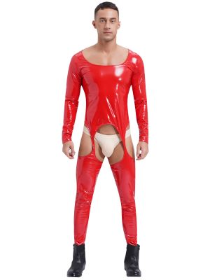 Mens Long Sleeve Wet Look Patent Leather Open Crotch Jumpsuit Clubwear