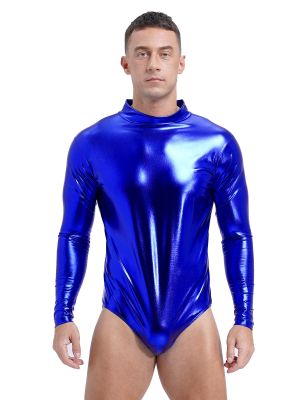 Men's Shiny Metallic Long Sleeve Leotard Bodysuit 