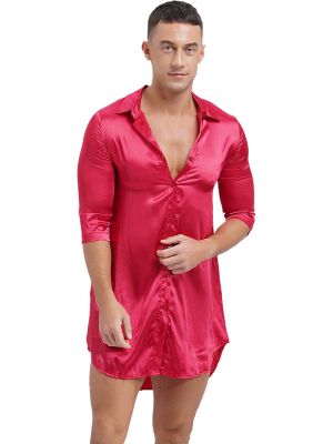 Men Silky Satin Curved Hem Long Shirt Button-up Pajamas