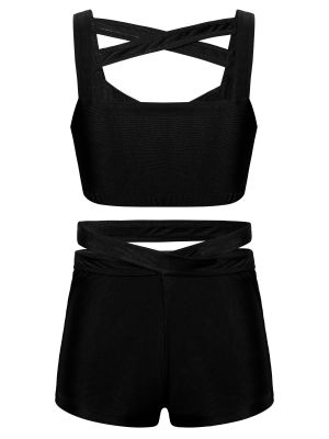 iEFiEL Kids Girls Crop Tops and Shorts Set Two Pieces Dance Sports Workout Outfits Fashion Tankini Set Swimsuit