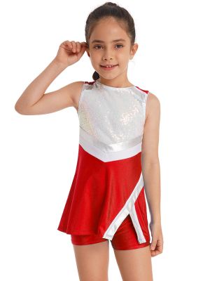 IEFIEL Kids Girls Cheerleading Costumes Cheer Uniforms Sleeveless Sequins Dance Dress with Shorts Outfits