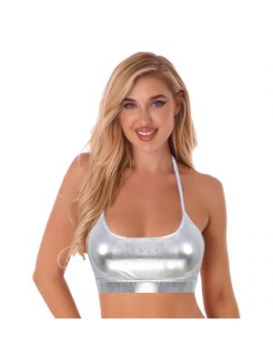 IEFIEL Women's Metallic Crop Tops Shiny Party Clubwear Training Sports Bras Top Rave Dance Tops Halloween Costumes