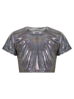 iEFiEL Kids Boys Girls Shiny Metallic Crop Tops T-Shirt Modern Jazz Hip-Hop Dance Costumes Short Sleeves Dance Tops