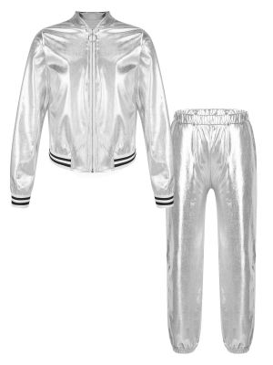 iEFiEL Kids Boys Girls Jazz Hip Hop Dance Costumes Shiny Metallic Jacket and Pants Set 2 Pieces Dance Outfits