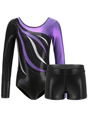 iEFiEL Kids Girls Long Sleeve Sparkling Leotard with Shorts for Gymnastics Ballet Dance