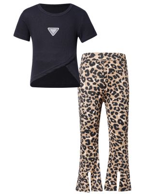 iEFiEL Toddlers Girls Leopard Print Clothes Set Short Sleeve Crop Top T-shirt and Bell Bottoms Flared Pants Set