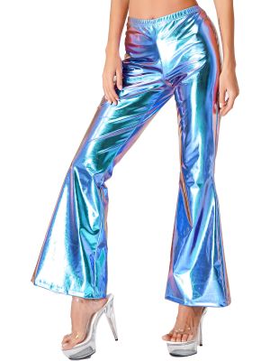 IEFIEL Blue Womens Shiny Metallic Disco Pants Elastic Waistband Bell Bottom Flared Trousers 