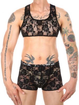 iEFiEL Men Flower Pattern See-Through Lace Lingerie Set Cropped Tank Top with Shorts Sissy Nightwear 