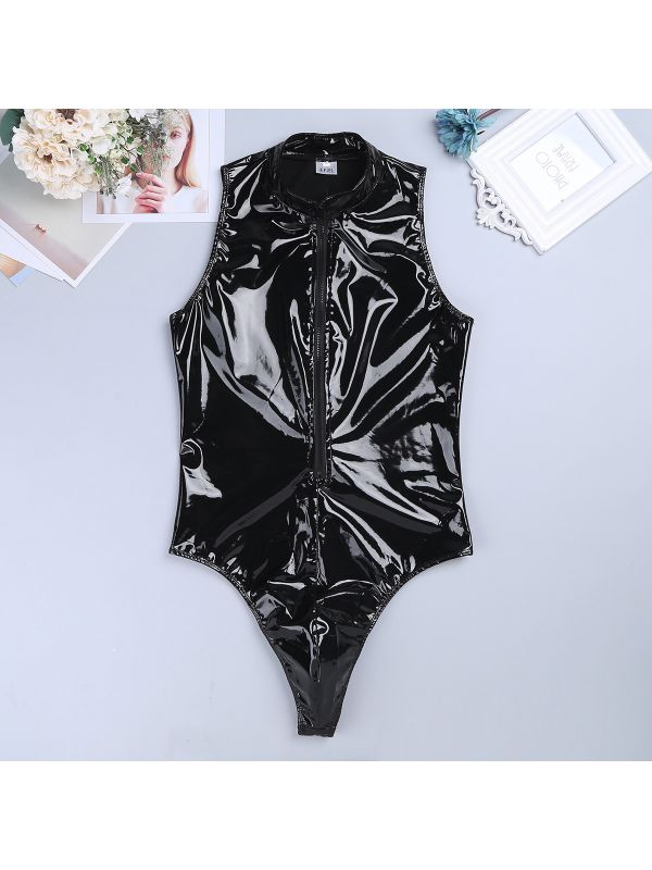 Men Patent Leather Onepiece Leotard Bodysuit