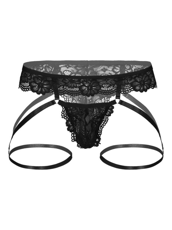 iEFiEL Mens Sissy Sheer Lace Bulge Pouch Thong Low Rise Garter Belt T-back  G-string Underwear