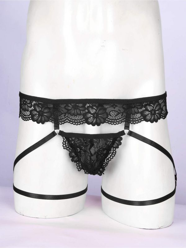 iEFiEL Mens Sissy Sheer Lace Bulge Pouch Thong Low Rise Garter Belt T-back  G-string Underwear