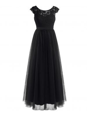 iEFiEL Black Women Ladies Cap Sleeve Lace Tulle Bridesmaid Dress Long Evening Prom Gown