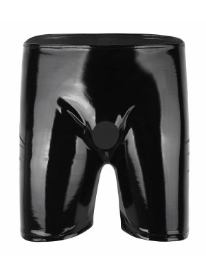Men Shiny Patent Leather Open Crotch Boxer Shorts