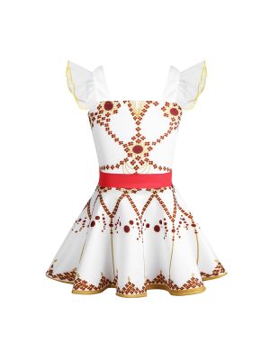 iEFiEL Kids Girls White Ruffled Sleeves Square Neckline Printed Ballet Dance Gymnastics Dress