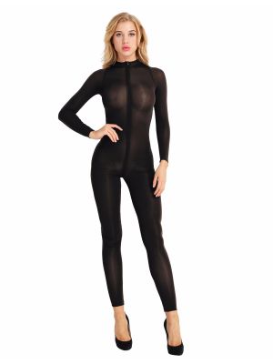 iEFiEL Women Black Long Sleeves Double Zipper Sheer Smooth Open Crotch Bodysuit Jumpsuit