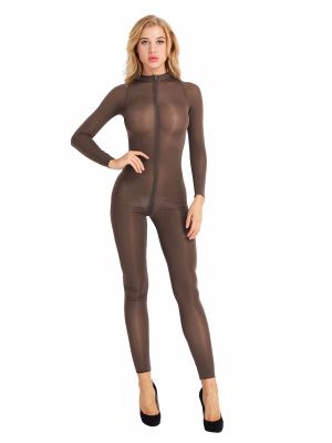 iEFiEL Women Coffee Long Sleeves Double Zipper Sheer Smooth Open Crotch Bodysuit Jumpsuit