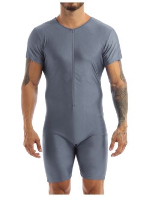 Men Short Sleeve Front Zipper Solid Color Slim Fit Romper Unitard