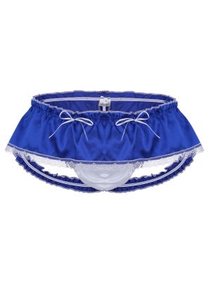 iEFiEL Blue Men Sissy Satin Lace Briefs Soft Shiny Ruffled Panties Skirted Underwear