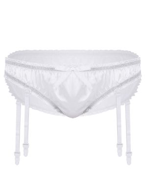 iEFiEL White Men Sissy Shiny Briefs Stretchy Satin Ruffled Panties with Plastic Garters Underwear 