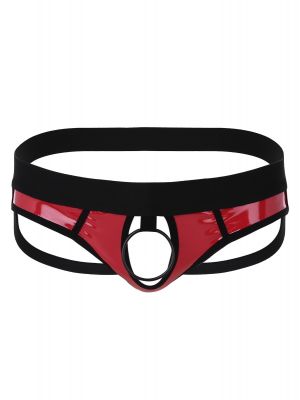 Mens Lingerie Faux Leather Hollow Out Jockstrap Bikini G-string Underwear with Metal O-Ring