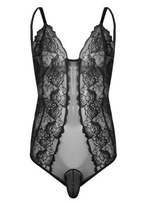 Men Sissy Spaghetti Straps Lace Pouch Bodysuit Crossdress Lingerie