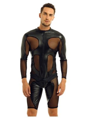 iEFiEL Men One-piece Faux Leather and Mesh Splice Long Sleeve Zipper Soft Boxer Shorts Leotard Bodysuit Jumpsuit