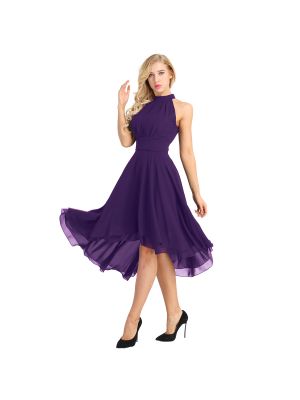 iEFiEL Purple Women Ladies Halter Neck Chiffon Bridesmaid Dresses Evening Party Prom Gown