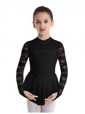 iEFiEL Kids Girls Long Sleeves Floral Lace Figure Ice Skating Roller Skating Ballet Dance Leotard Dress with Finger Rings