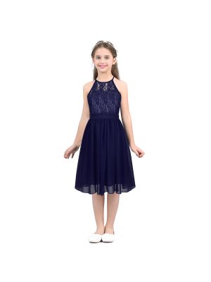 iEFiEL Navy Blue Kids Girls Lace Chiffon Halter Neck Flower Girl Dress Princess Pageant Wedding Bridesmaid Birthday Dress