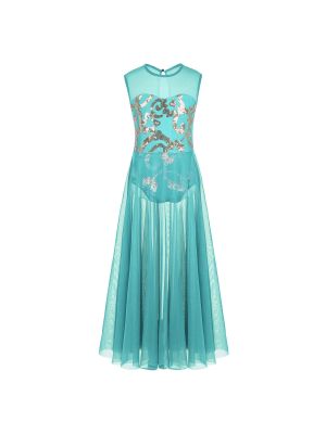 iEFiEL Girls Turquoise Sleeveless Floral Sequins Tank Leotard Maxi Skirt for Celebration of Spirit Praise Lyrical Dance 