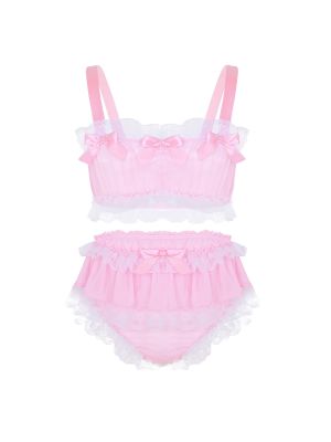iEFiEL Pink Men Sissy Ruffled Lace Sheer Chiffon Lingerie Set Sleeveless Crop Top with Skirted Petticoated Panties