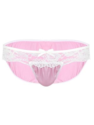 iEFiEL Pink Men Sissy Soft Shiny Bikini Briefs Floral Lace Low Rise Stretchy Underwear Panties