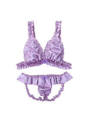 iEFiEL Men Sissy Light Purple Soft Satin Elastic Frilly Ruffled Lingerie Set Bikini Bra Top with Open Back Briefs Sexy Underwear