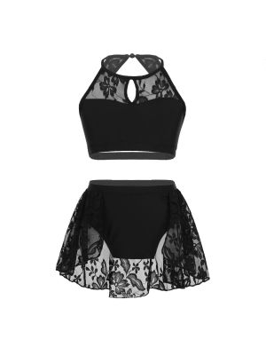 iEFiEL Kids Girls Black Outfit Sleeveless Lace Splice Crop Top with Bottoms Set for Lyrical Modern Contemporary Dance