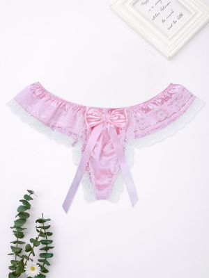 iEFiEL Pink Men Sissy Shiny Soft Satin Floral Lace Back with Big Bowknot Low Rise Bikini Thong Underwear