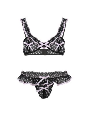 iEFiEL Men Sissy Black&Pink Soft Chiffon Elastic Frilly Ruffled Spots Lingerie Set Bikini Bra Top with Crotchless T-Back Briefs Underwear