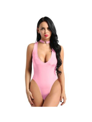 iEFiEL Women One Piece See Through Sexy Leotard Sheer Lingerie Necklace Collar Crotchless Bodysuit