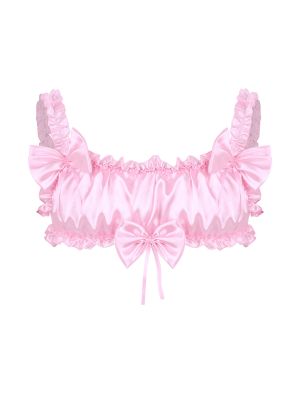 iEFiEL Pink Men's Sissy Lingerie Satin Ruffled Frilly Crop Top Elastic Straps Wire-free Bra Tops