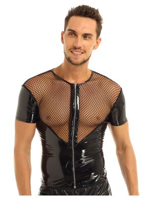iEFiEL Men Wetlook Patent Leather Shirt Fishnet Clubwear Stage Costume T-shirt Tops