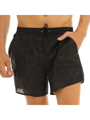 iEFiEL Men Elastic Waist Beach Shorts See-Through Drawstring Swim Shorts Quick Dry Trunks with Bulit-in Briefs