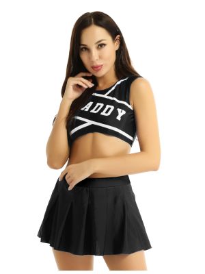 iEFiEL Black Women Daddy Printed Cheer Leader Uniform Dress Cheerleading Role Play Outfit Set Crop Top with Mini Pleated Skirt