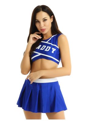 iEFiEL Royal Blue Women Daddy Printed Cheer Leader Uniform Dress Cheerleading Role Play Outfit Set Crop Top with Mini Pleated Skirt