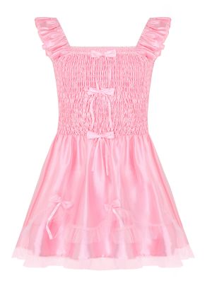 iEFiEL Pink Men Sissy Ruffled Stretchy Satin Dress Lolita Adult Baby Cross Dresser Costume