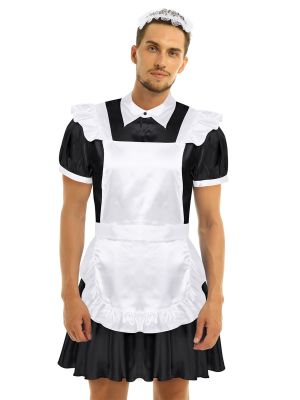 iEFiEL Black Men Shiny Satin Cosplay Outfit Short Sleeve Sissy Maid Dress with Apron and Headband