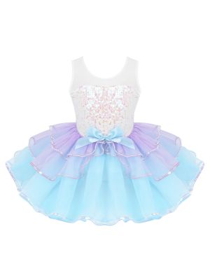 iEFiEL Kids Girls Ballet Dance Tutu Dress Shiny Sequins Mesh Splice Bowknot Gymnastics Leotard