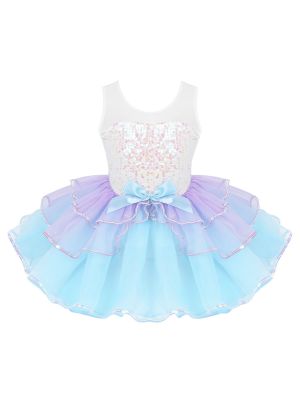 iEFiEL Kids Girls Ballet Dance Tutu Dress Shiny Sequins Mesh Splice Bowknot Gymnastics Leotard